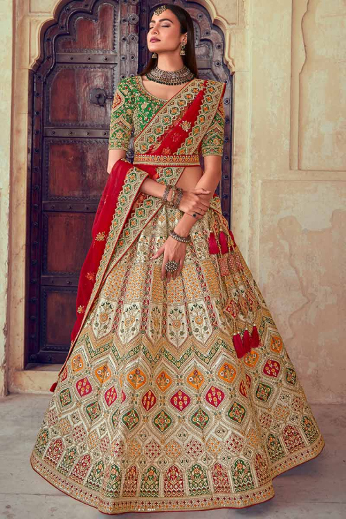 Cream Beige Art Silk Embroidered Lehenga Blouse
