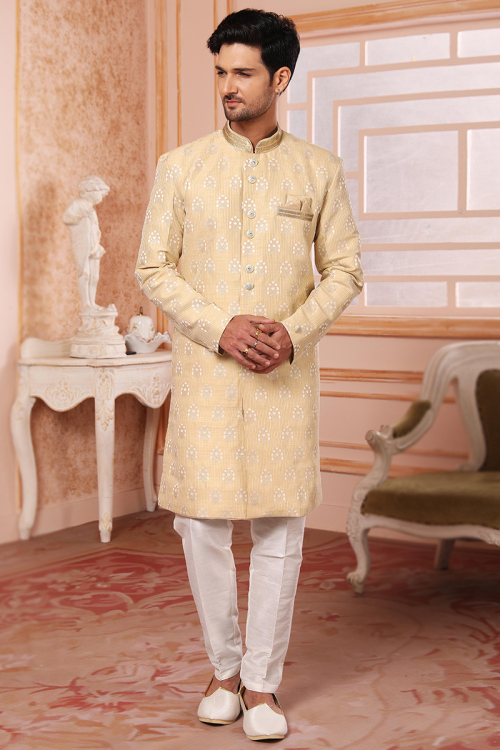Men Sherwani Art Silk Cream Beige with Thread Work for Wedding 