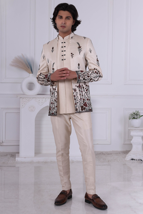 Cream Beige Art Silk Jodhpuri Men's Sherwani With Embroidered Jacket