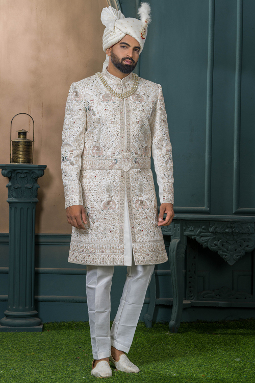 Cream Beige Art Silk Men's Sherwani With Sequins Work For Wedding