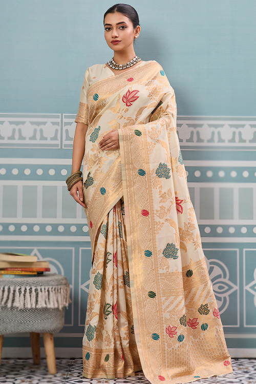Cream Beige Art Silk Weaved Broad Border Saree