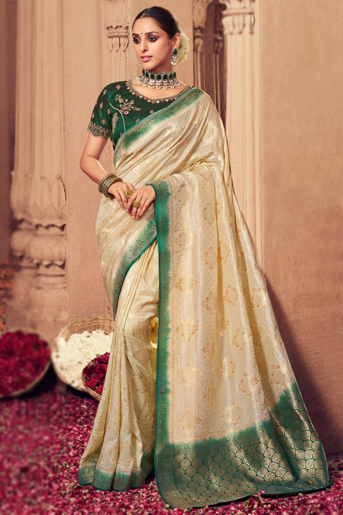 Cream Beige Art Silk Woven Zari Broad Border Saree