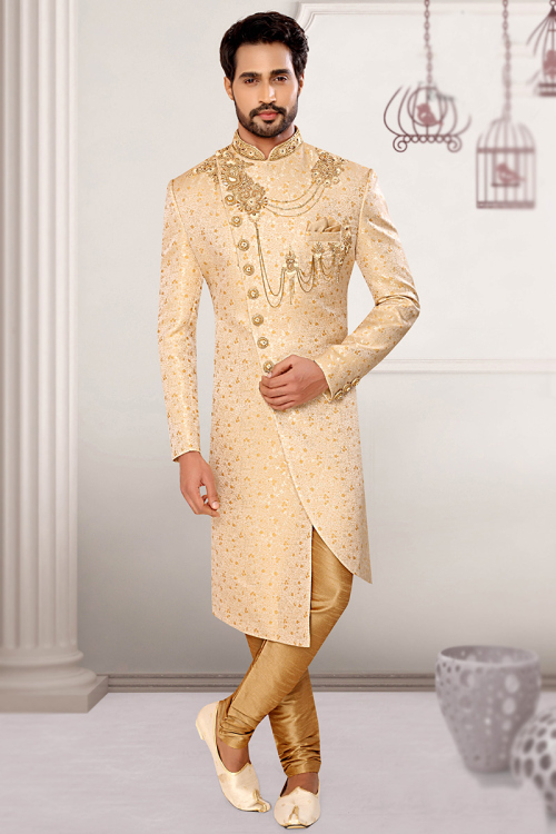 Cream Beige Brocade Front Slit Men Sherwani