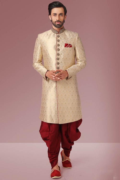 Cream Beige Brocade Straight Cut Men Sherwani
