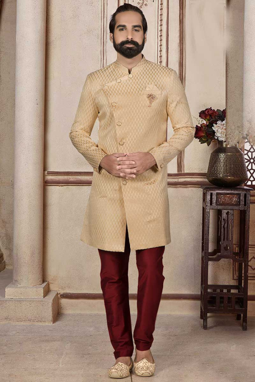 Cream Beige Brocade Woven Men's Sherwani