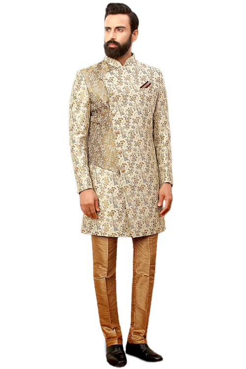 Cream Beige Brocade Woven Zari Men's Sherwani