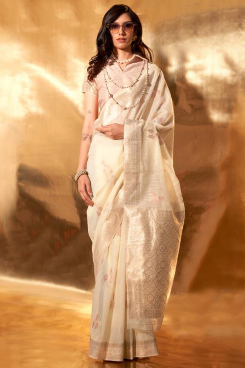 Cream Beige Chanderi Silk Woven Zari Broad Border Saree
