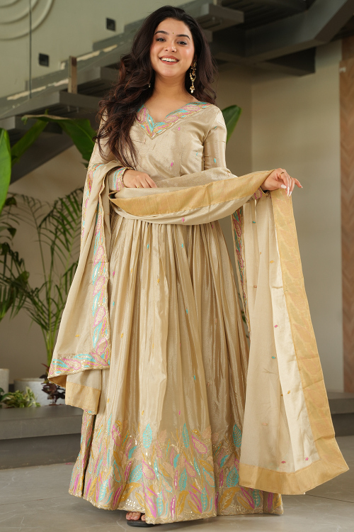 Cream Beige Chinnon Resham Thread Anarkali Suit