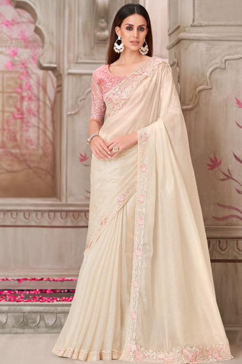 Cream Beige Chinnon Saree with Sequins Work for Navratri