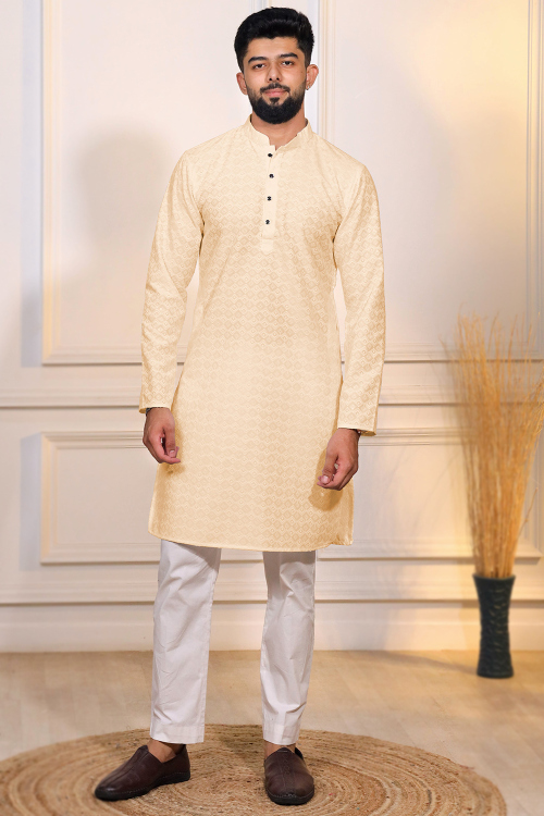 Cream Beige Cotton Embroidered Men's Kurta Pajama