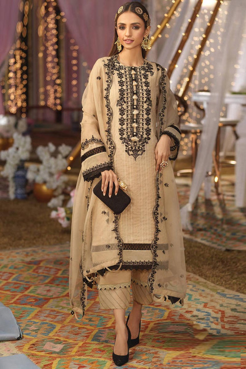 Cotton Cream Beige Party Wear Trouser Suit with Resham embroidery