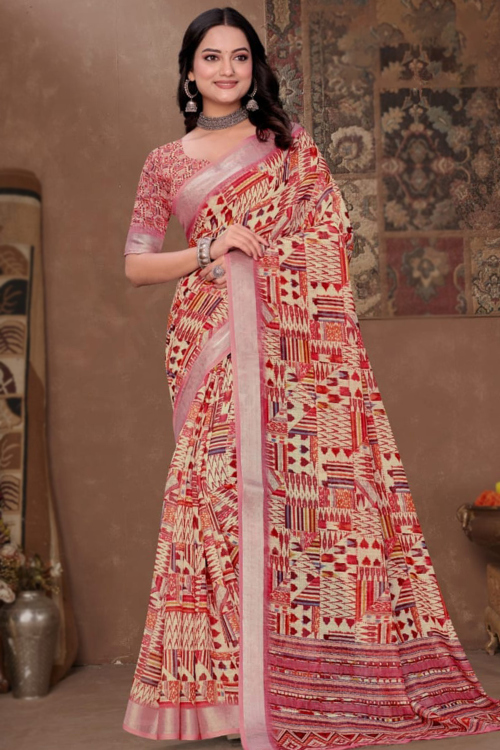 Cream Beige Cotton Light Weight Saree With Printed Work
