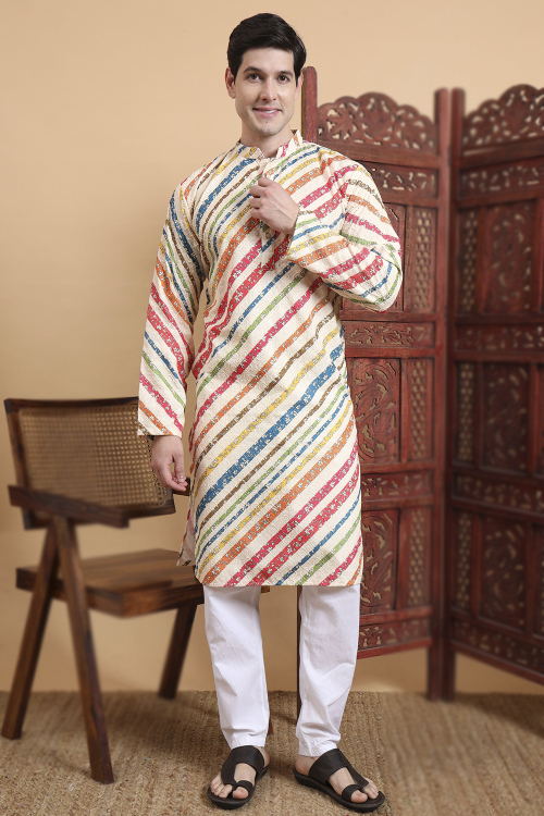 Cream Beige Cotton Men's Kurta Pajama With Printed Work For Festival