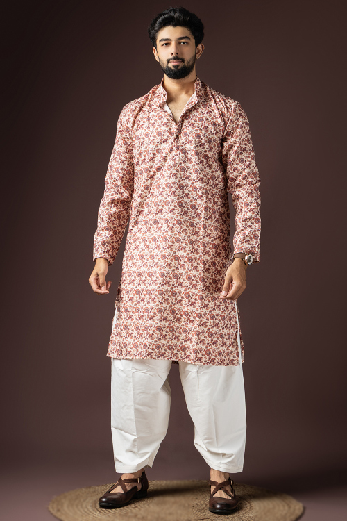 Cream Beige Cotton Men's Kurta Pajama With Printed Work
