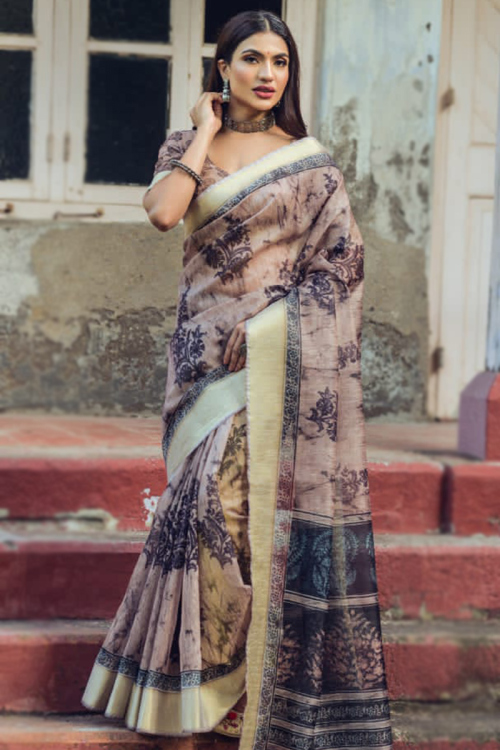 Cream Beige Cotton Printed Light Weight Saree