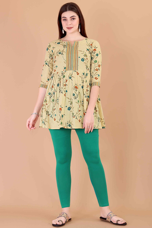 Cream Beige Cotton Printed Short Casual Wear Kurti 