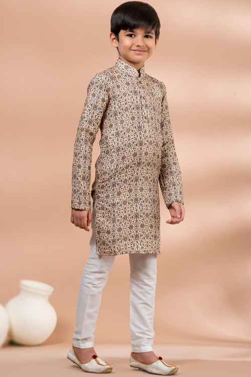 Cream Beige Cotton Printed Straight Cut Boy's Kurta Pajama 