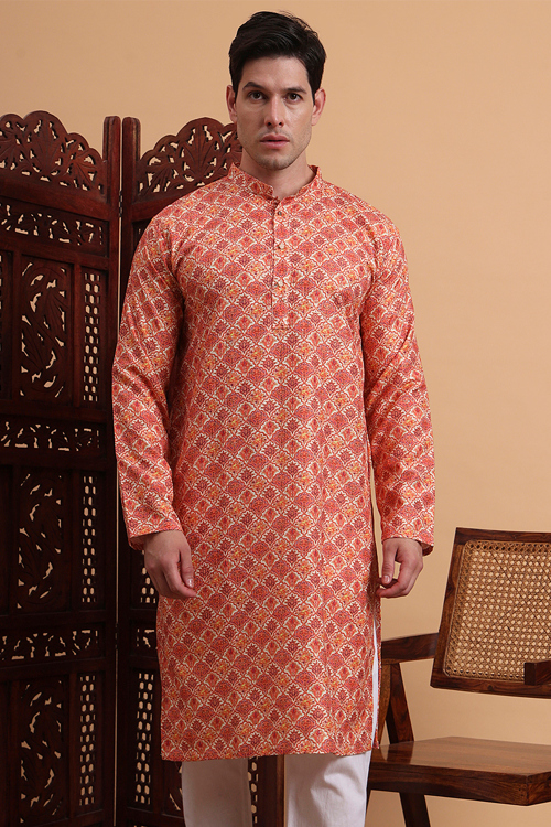 Cream Beige Cotton Rayon Men's Kurta With Sequins Work For Diwali