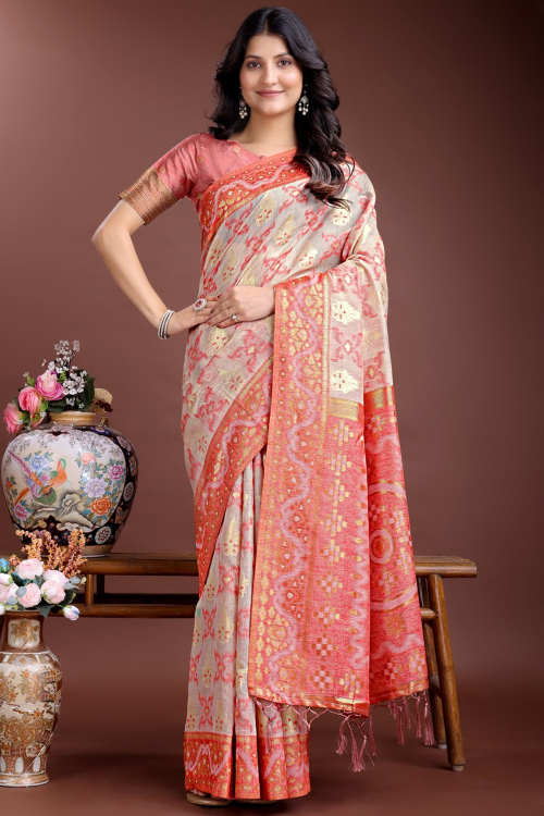 Cream Beige Cotton Saree with Weaved Work for Navratri 