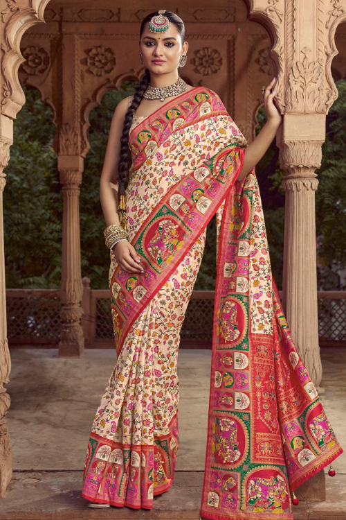 Cream Beige Cotton Silk Broad Border Saree With Printed Work