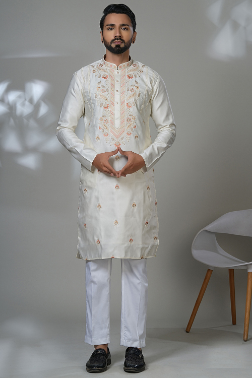 Cream Beige Cotton Silk Men's Kurta Pajama With Cutdana Work