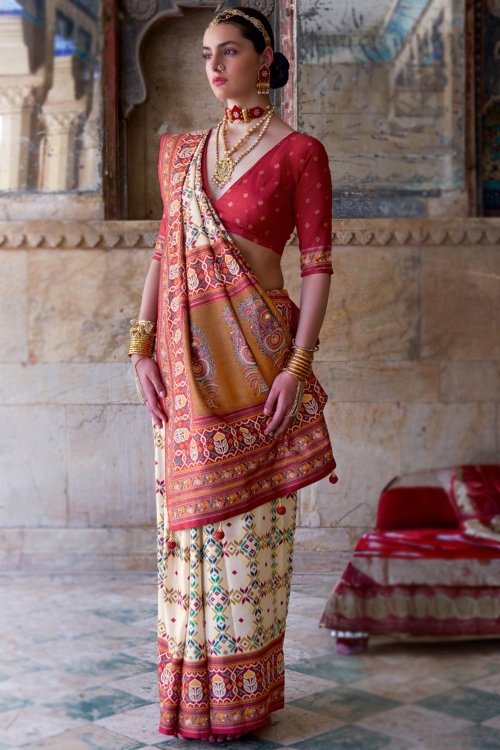 Cream Beige Cotton Silk Printed Light Weight Saree