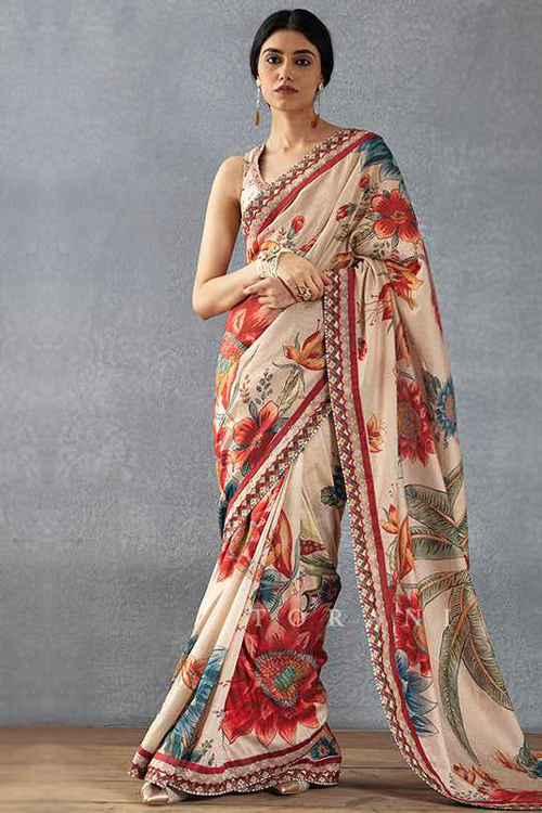 Cream Beige Cotton Silk Saree with Printed Work For Festive Wear