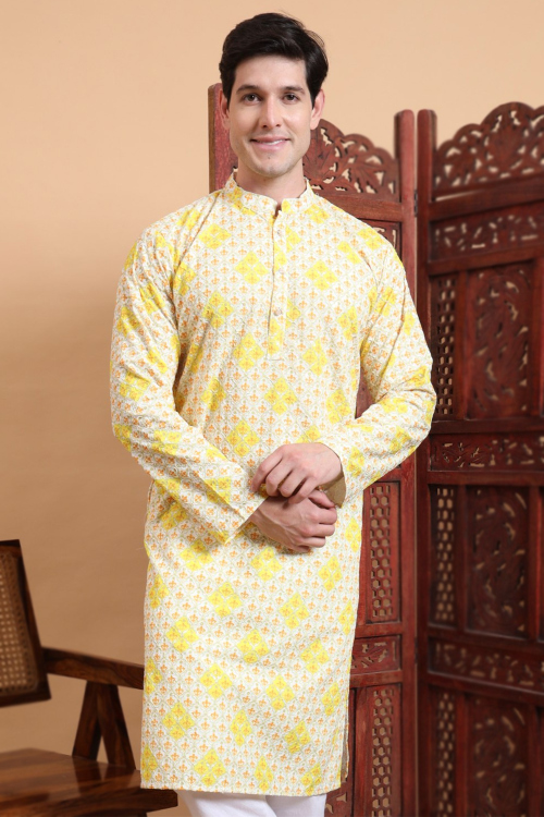 Cream Beige Cotton Straight Cut Printed Men's Kurta