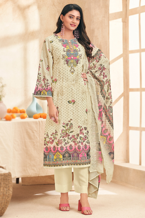 Cream Beige Cotton Trouser Suit With Printed Work For Casual Wear