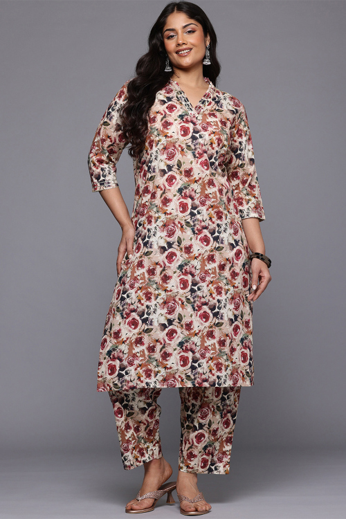 Cream Beige Cotton Trouser Suit With Printed Work