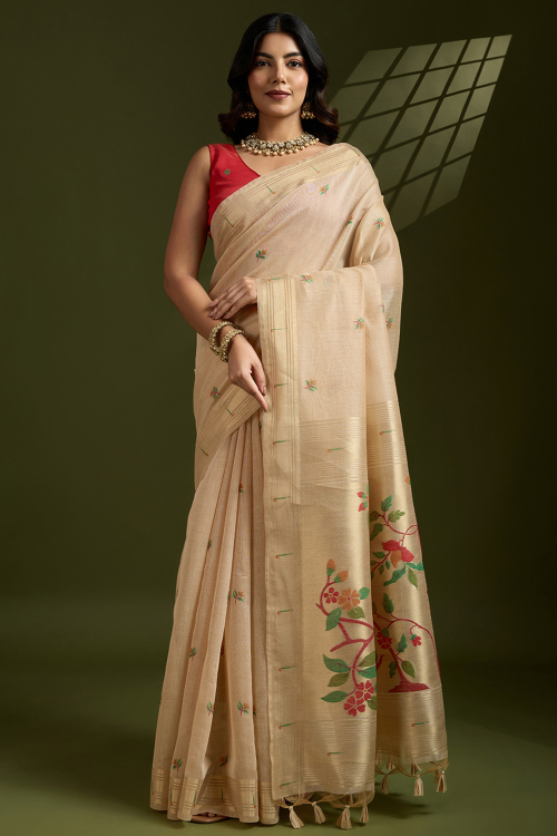 Cream Beige Cotton Weaved Paithani Style Saree