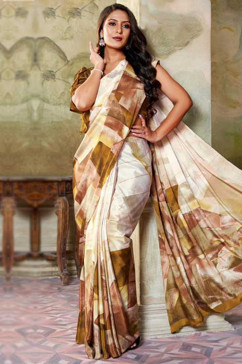 Cream Beige Crepe Saree With Printed Work For Casual Wear