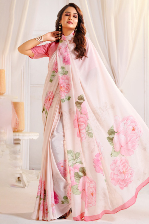 Cream Beige Crepe Saree With Printed Work For Casual Wear