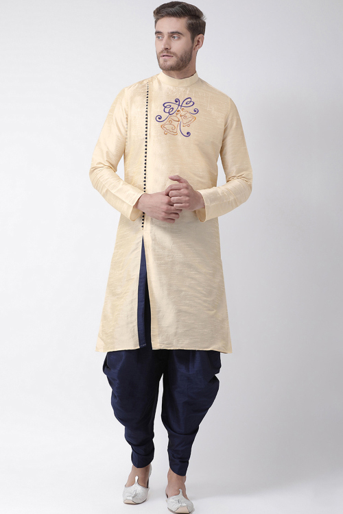 Cream Beige Dupion Silk Embroidered Angrakha Style Men's Kurta With Dhoti
