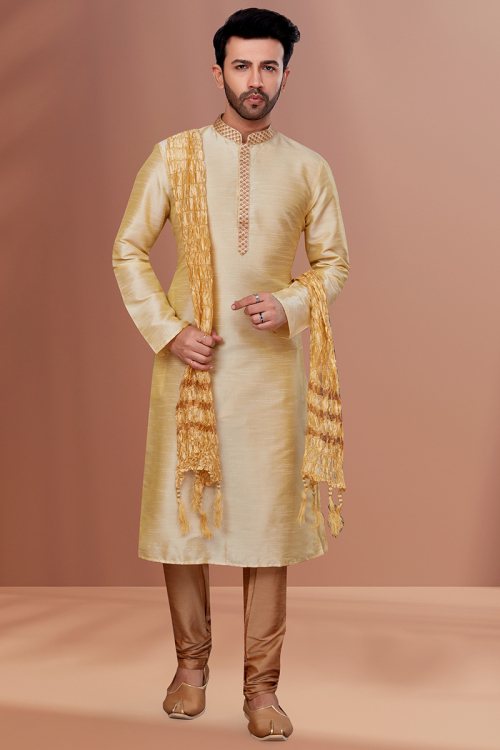Cream Beige Dupion Silk Embroidered Men Kurta Pajama