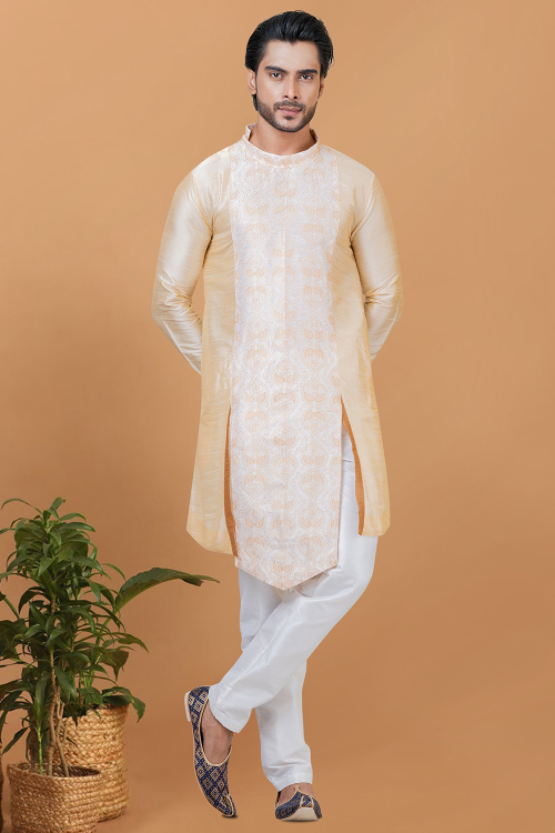 Cream Beige Dupion Silk Embroidered Men's Kurta Pajama