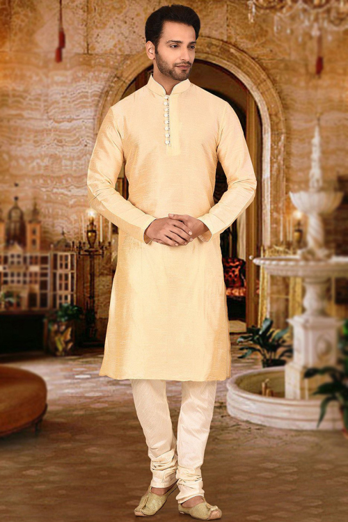 Cream Beige Dupion Silk Men's Churidar Kurta 
