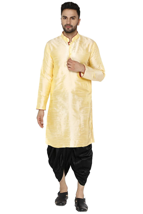 Cream Beige Dupion Silk Plain Men Dhoti Kurta