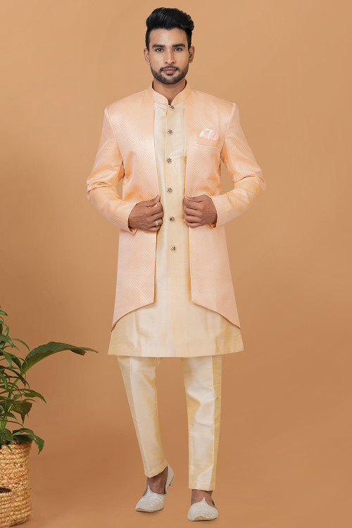 Cream Beige Dupion Silk Woven Zari Jacket Style Men's Sherwani