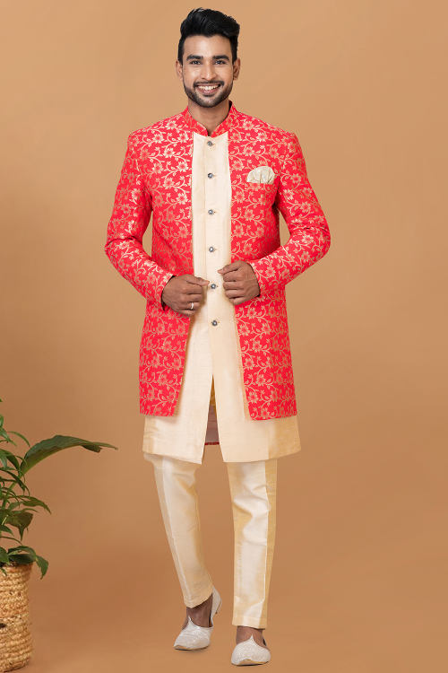 Cream Beige Dupion Silk Woven Zari Jacket Style Men's Sherwani