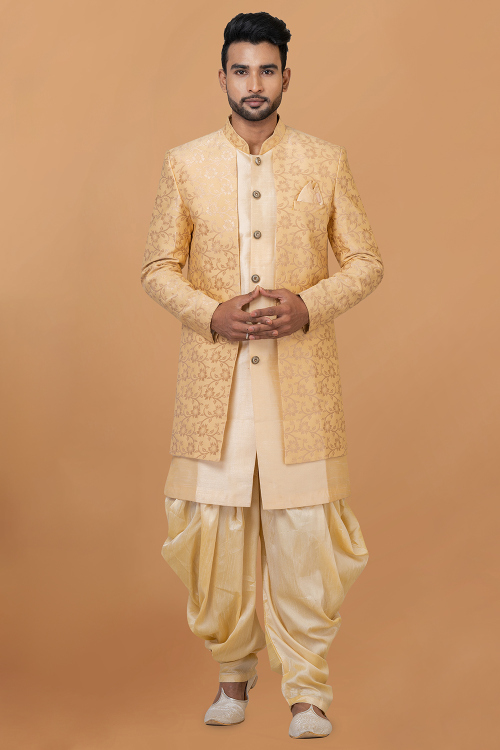 Cream Beige Dupion Silk Woven Zari Jacket Style Men's Sherwani With Dhoti
