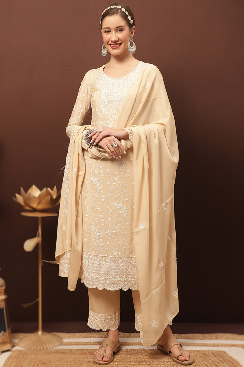Cream Beige Embroidered Chinnon Straight Cut Trouser Suit