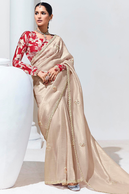 Cream Beige Embroidered Lightweight Tissue Saree for Sangeet