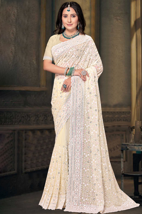 Cream Beige Georgette Embroidered Light Weight Saree 