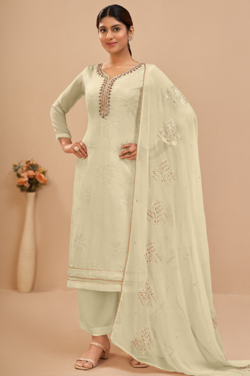 Lace Work Cream Beige Trouser Suit in Georgette for Party 