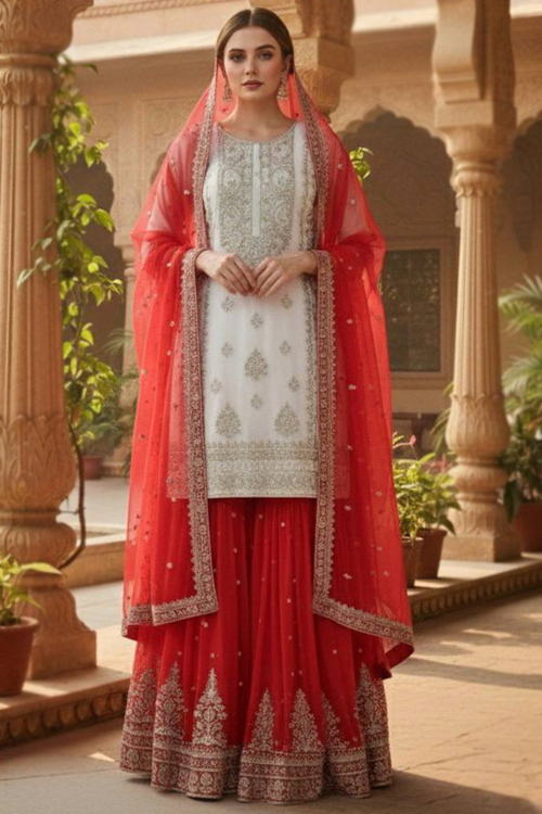 Cream Beige Georgette Gharara Suit With Zari Work For Festival