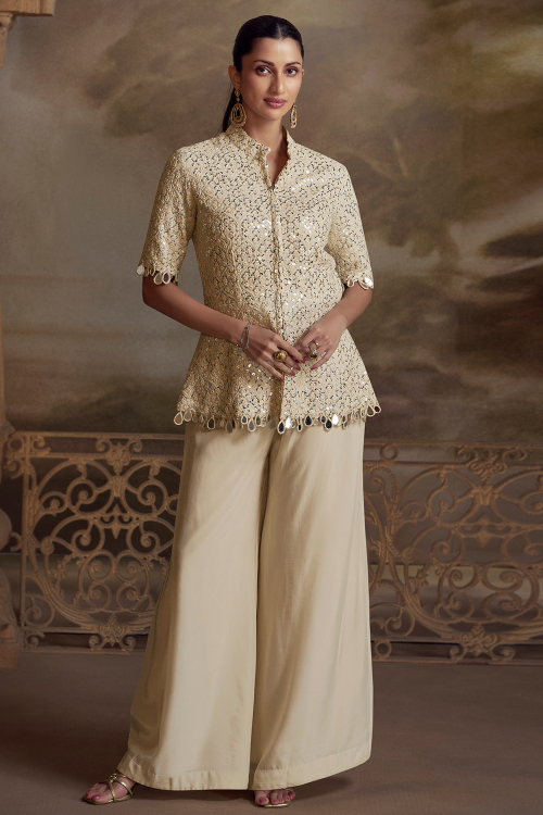 Cream Beige Georgette Palazzo Suit With Sequins Work