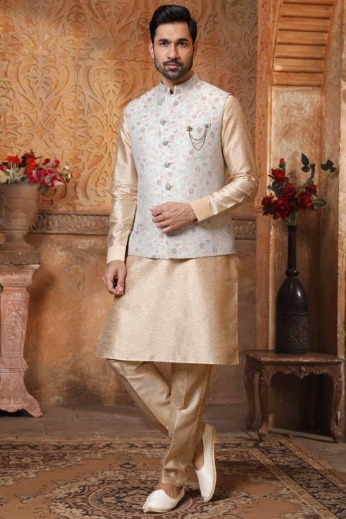 Cream Beige Jacket Style Banarasi Silk Men's Kurta Pajama