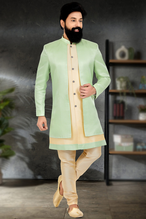 Thread Work Party Wear Men Sherwani in Cream Beige Jacquard