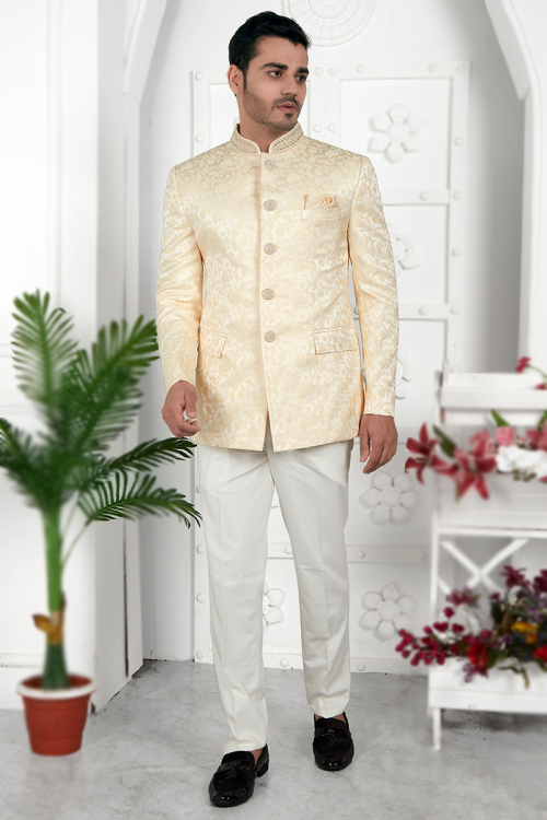Cream Beige Jacquard Silk Woven Zari Jodhpuri Style Men's Coat Pant